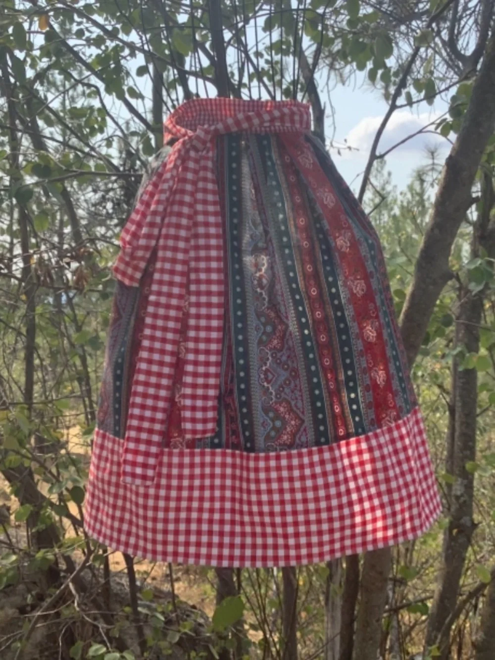 Red Check Straps Green Floral Stripe Apron Costume Kitchen Peasant Oktoberfest